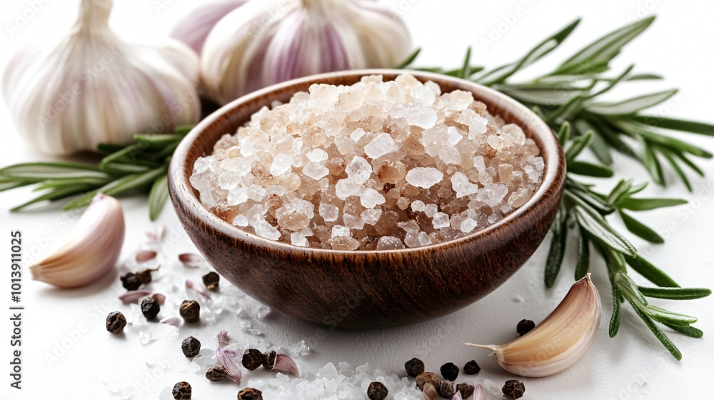 Smoked salt crystals in a small dish, isolated on a white surface with decorative garlic cloves and rosemary sprigs Smoked salt crystals in a small dish, isolated on a white surface with decorative garlic cloves and rosemary sprigs