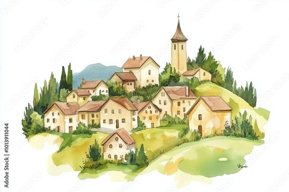 Watercolor illustration of small village in Europe. Alpine landscape on white background Watercolor illustration of small village in Europe. Alpine landscape on white background