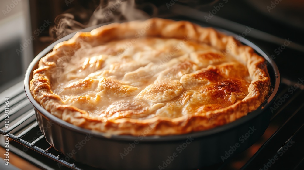 A pie in the oven with golden crust forming, soft smoke swirling as it cooks to perfection Baking pie, Homecooked warmth A pie in the oven with golden crust forming, soft smoke swirling as it cooks to perfection Baking pie, Homecooked warmth