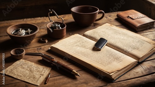 Vintage Desk with Open Book and Antique Writing Tools