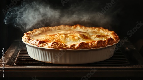 A pie in the oven with golden crust forming, soft smoke swirling as it cooks to perfection Baking pie, Homecooked warmth