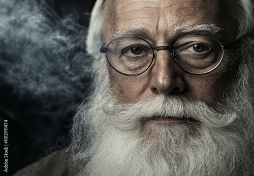 An older man gazes intensely with a thoughtful expression while smoke subtly swirls around him in low light