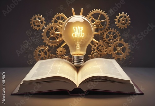 Open book with a glowing light bulb and gears symbolizing innovation and knowledge, AI generated photo