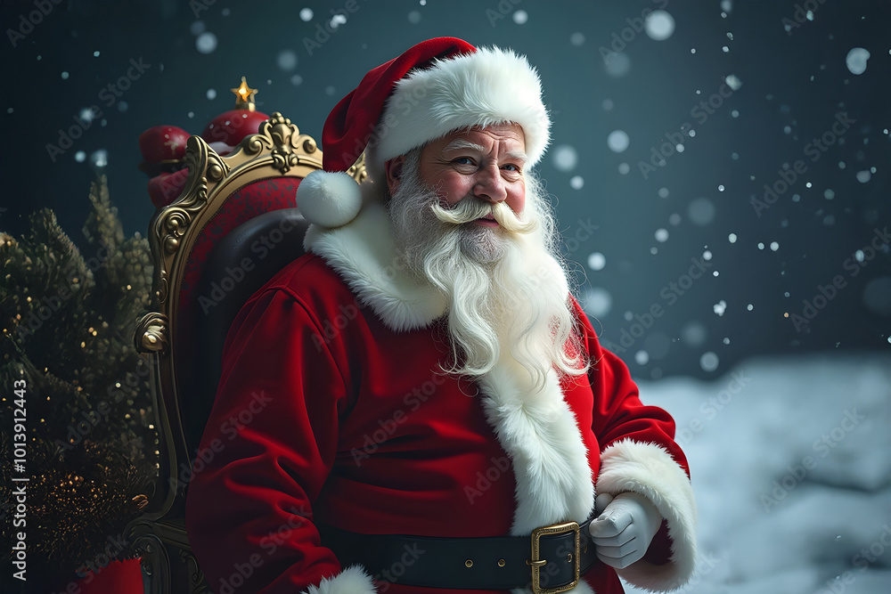 Portrait of Santa Claus with a beard in a red suit sits on a throne on a dark snowy background. Christmas Santa Claus with gifts. New Year's card. Christmas card Portrait of Santa Claus with a beard in a red suit sits on a throne on a dark snowy background. Christmas Santa Claus with gifts. New Year's card. Christmas card