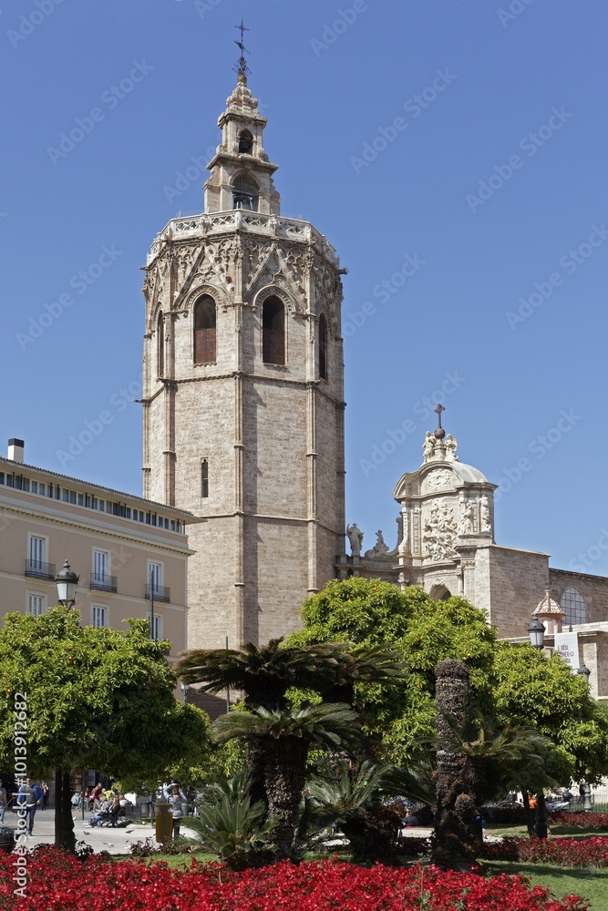 Placa de la Reina with cathedral of Valencia with church tower Micalet, Valencia, Spain, Europe Placa de la Reina with cathedral of Valencia with church tower Micalet, Valencia, Spain, Europe