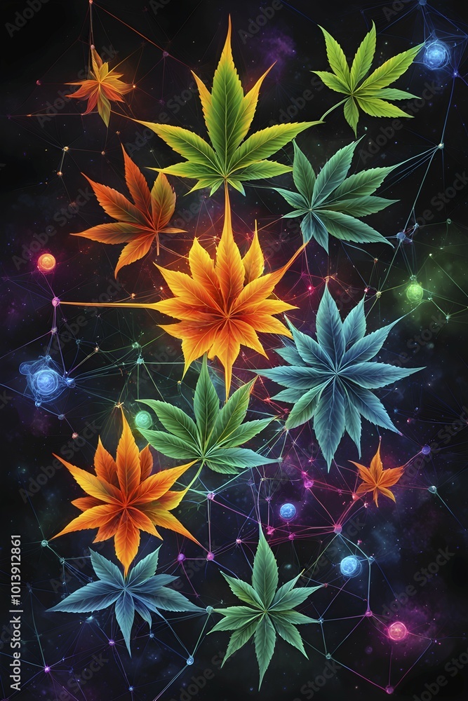 Abstract painting of chemical structure of thc and cbd interlocking geometric shapes, AI generated Abstract painting of chemical structure of thc and cbd interlocking geometric shapes, AI generated