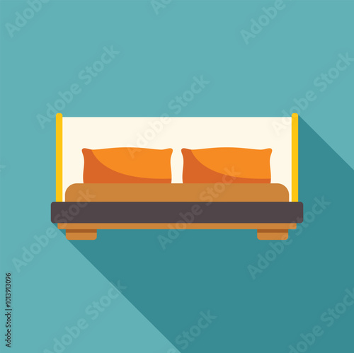 Double bed with pillows casting a long shadow, in flat design style