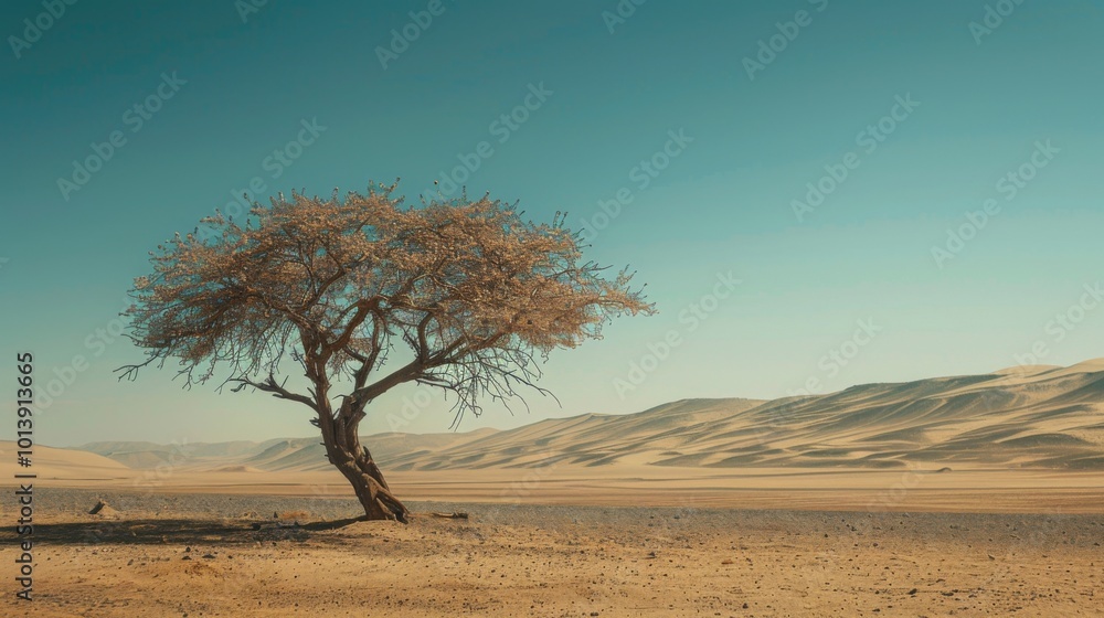 Single, one tree in the desert. Illustration generated by ai Single, one tree in the desert. Illustration generated by ai