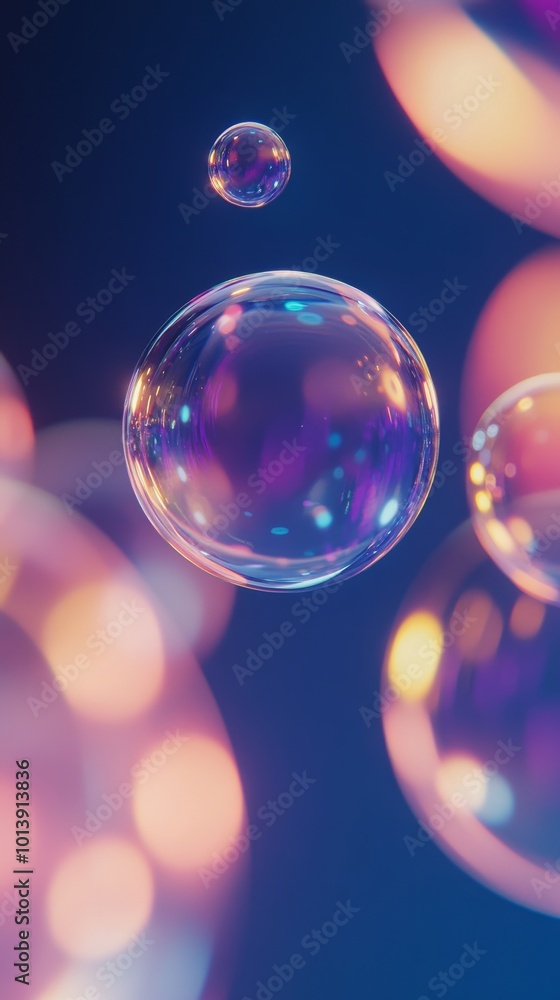 Colorful soap bubbles with bokeh effect on a dark blue background, abstract and dreamy atmosphere Colorful soap bubbles with bokeh effect on a dark blue background, abstract and dreamy atmosphere