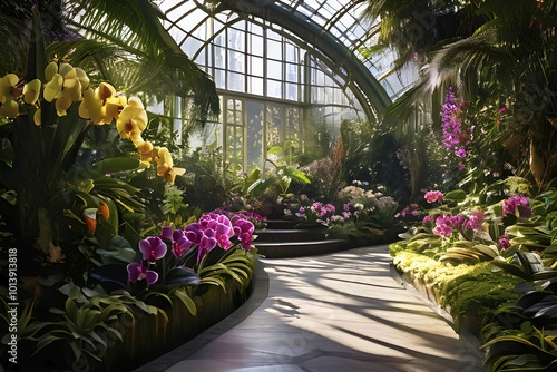 Orchid conservatory path winding enticingly amongst diverse floral species, AI generated photo