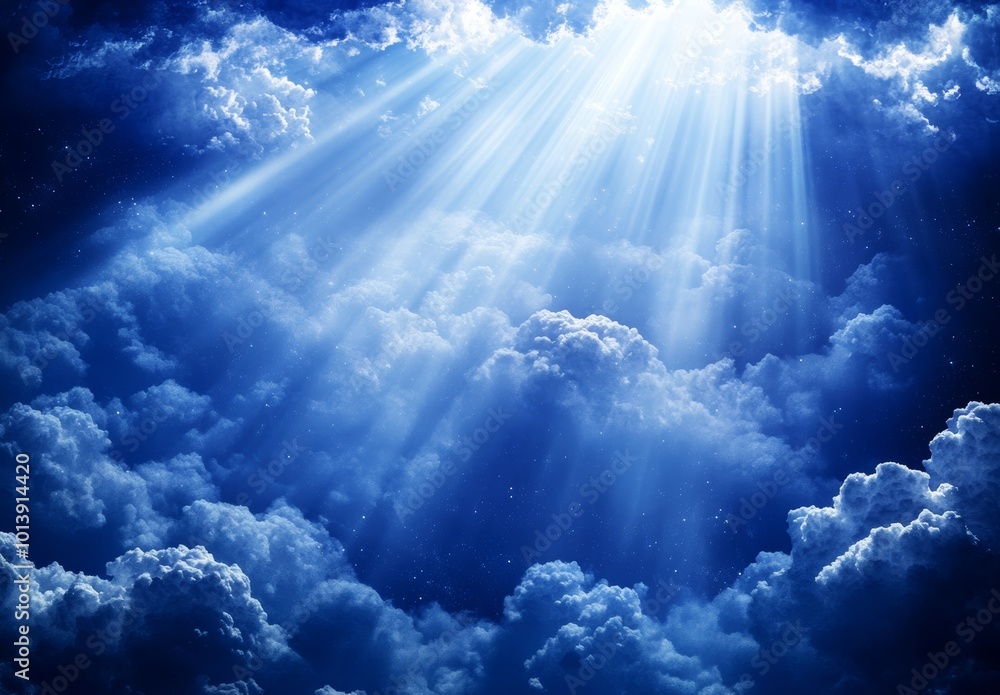 Sunlight pours down from above, illuminating the soft clouds in a tranquil blue sky, creating a peaceful atmosphere