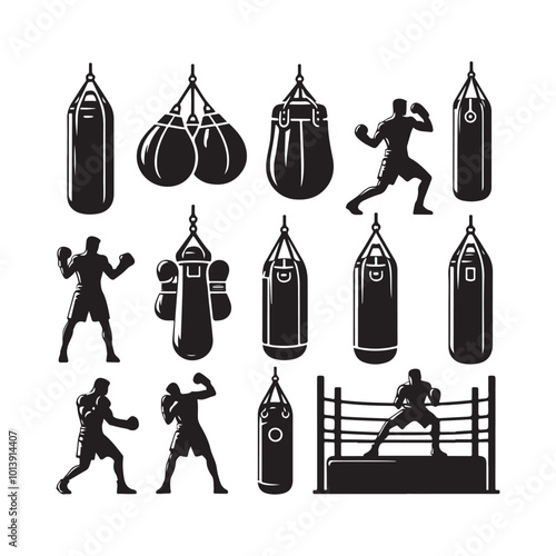 Boxing ring bag set silhouette on white background
