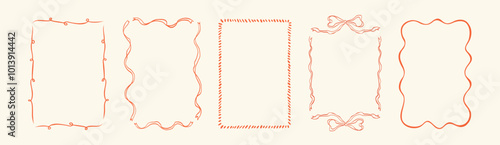 Collection of doodle hand drawn trendy frames with wavy lines, bows and ribbons. Minimalist line art. Modern whimsical borders for wedding invitations, birthday card, lunch menus. Vector illustration.