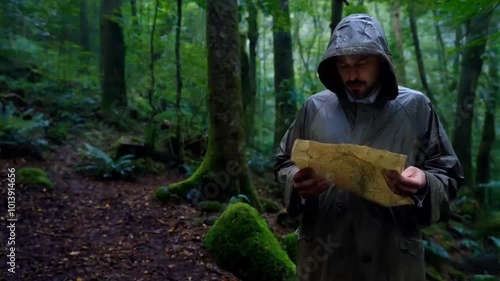 person in the woods looking at map raining