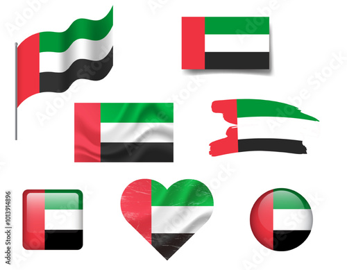 Arab Emirates flag set of icons. Vector flag of UAE, symbol. Set of Arab Emirates flags button, waved, heart. Free Download Arab Emirates flag set of icons. Vector flag of UAE, symbol. Set of Arab Emirates flags button, waved, heart. - GFXLoad