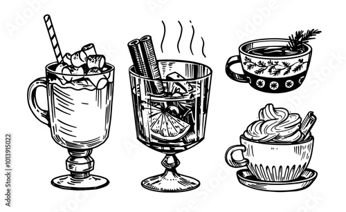 Hot winter drinks, cocoa, mulled wine, chocolate, mugs, sketch, engraving, illustration, monochrome vector drawing