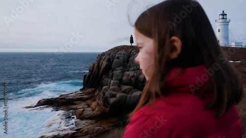 woman standing on the rocks at seaside cliff