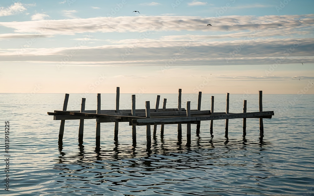 Wooden pier on calm ocean water at sunset. Tranquility and peace concept Wooden pier on calm ocean water at sunset. Tranquility and peace concept