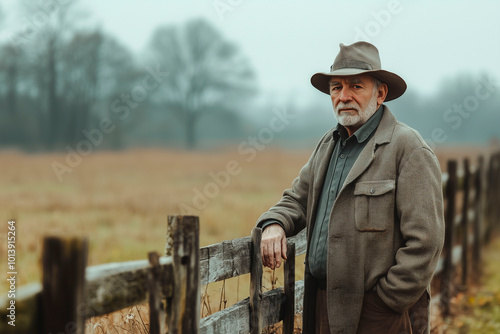 Elderly man in a hat leaning on a wooden fence, standing in a foggy field with a serious expression, surrounded by a quiet rural landscape