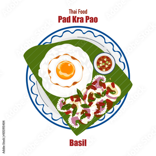 Set of flat banner vector illustrations, delicious food. Thai food, a la carte food, stir-fried basil with fried egg "pad kra pao". Cooking from top view, recipe, menu, restaurant for food design.
