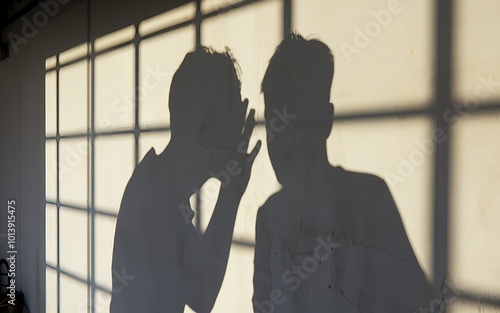 Shadow of two people whispering in the afternoon light. Secretive conversation