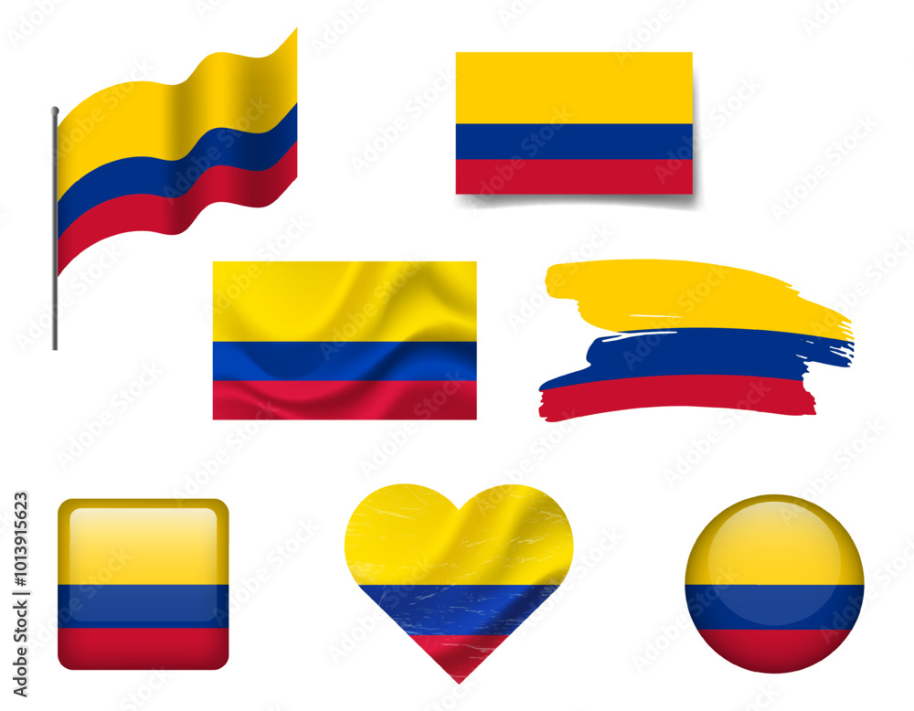 Colombia flag set of icons. Vector flag of Colombia, symbol. Set of Colombia flags button, brush, waved, heart. Colombia flag set of icons. Vector flag of Colombia, symbol. Set of Colombia flags button, brush, waved, heart.