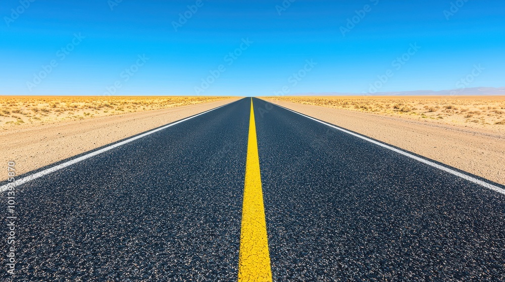 Fototapeta premium A long, empty road with a yellow line down the middle