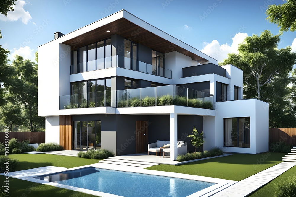Fototapeta premium Three dimensional render of a modern ecological real estate residential house, AI gnerated, AI generated
