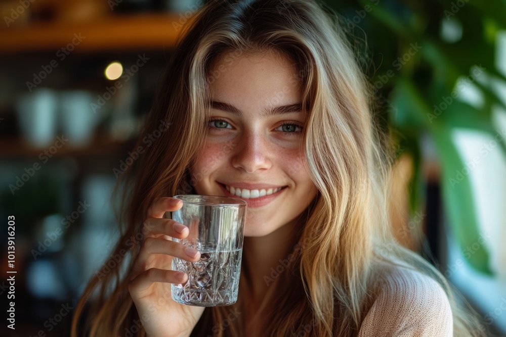 A cheerful young woman enjoys a refreshing drink in a cozy cafe setting. Her warm smile radiates happiness and comfort. Perfect for lifestyle and wellness themes. Generative AI A cheerful young woman enjoys a refreshing drink in a cozy cafe setting. Her warm smile radiates happiness and comfort. Perfect for lifestyle and wellness themes. Generative AI