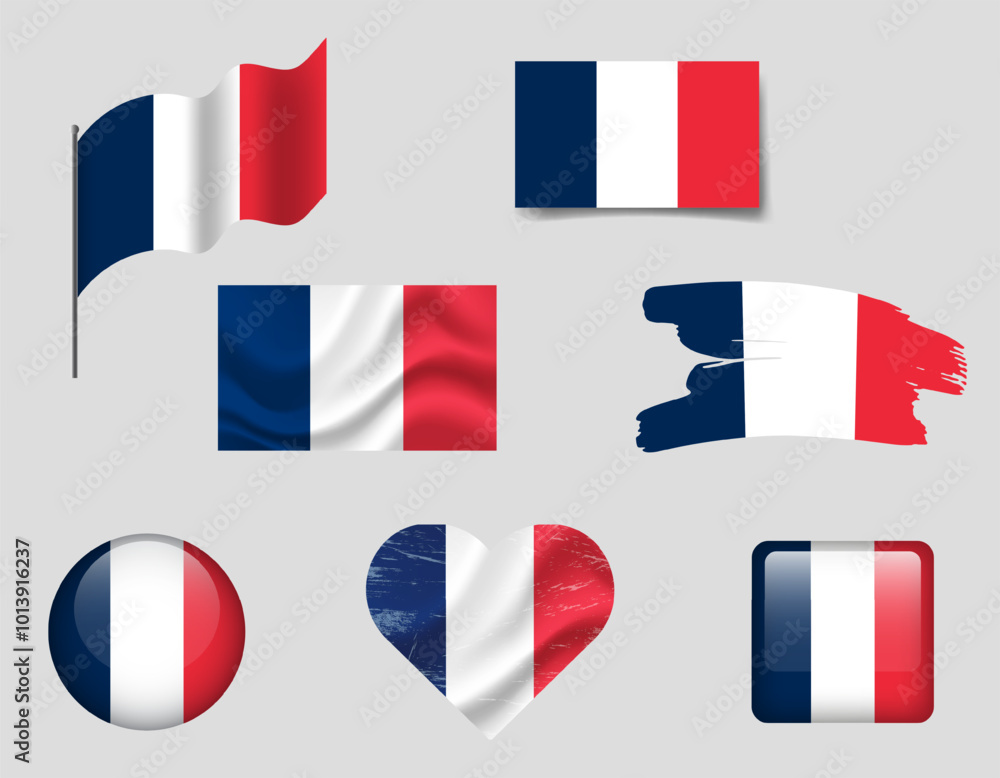 France flag set of icons. Vector flag of France, symbol. Set of french flags brush, button, waved, heart. France flag set of icons. Vector flag of France, symbol. Set of french flags brush, button, waved, heart.