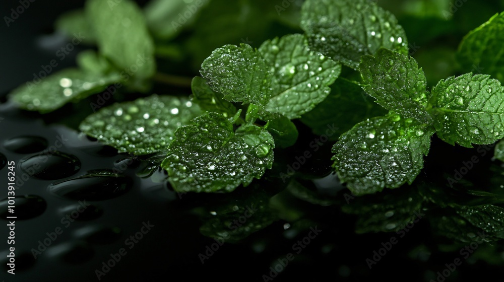 Close up of dewy mint leaves, isolated on a smooth, glossy black surface with subtle reflections Close up of dewy mint leaves, isolated on a smooth, glossy black surface with subtle reflections