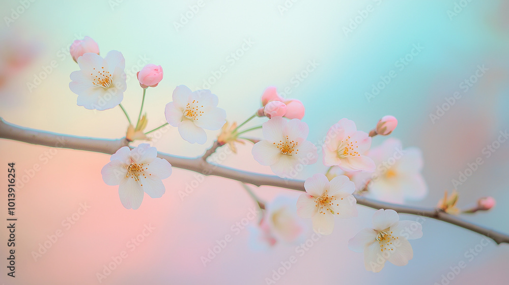 A delicate and serene scene of cherry blossom branches. The blossoms are in varying stages of bloom, with some fully open and others still budding. A delicate and serene scene of cherry blossom branches. The blossoms are in varying stages of bloom, with some fully open and others still budding.