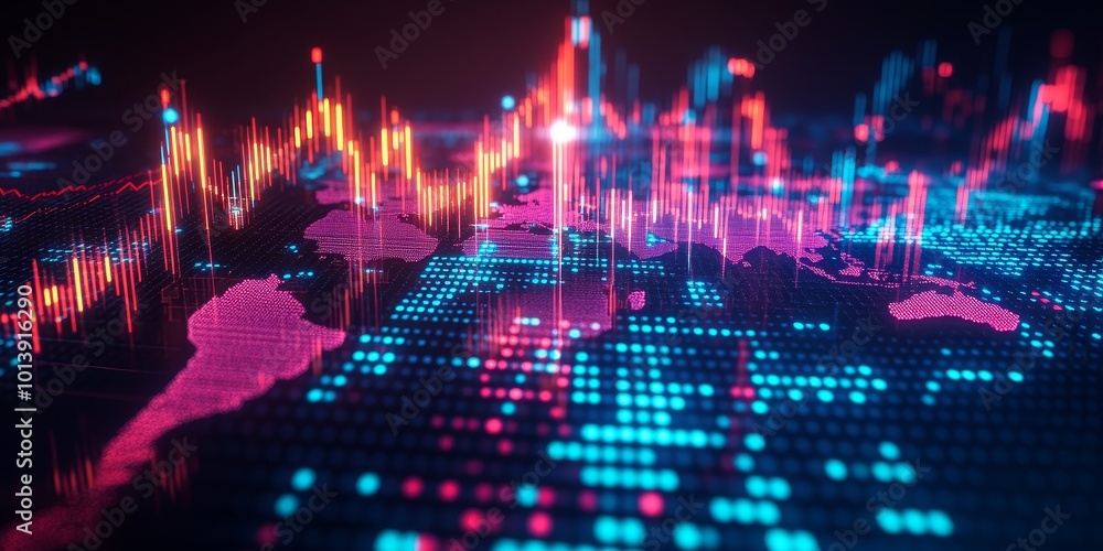 World Stock Market Overview: Create an image showing a global map with major stock markets highlighted and corresponding stock charts for each region. World Stock Market Overview: Create an image showing a global map with major stock markets highlighted and corresponding stock charts for each region.