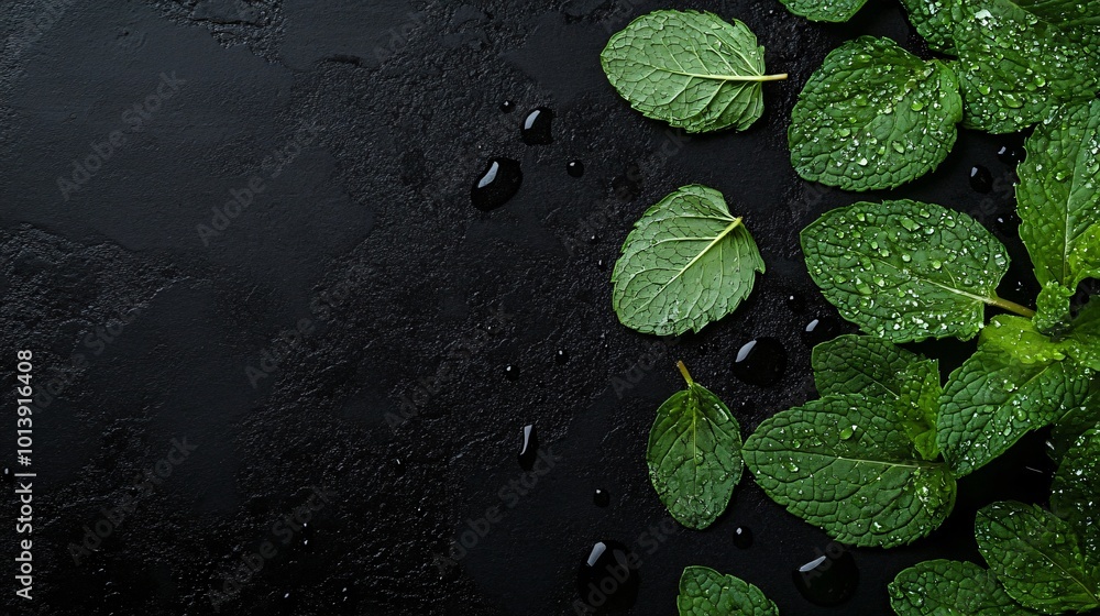 Flat lay of scattered mint leaves, isolated on a matte black background with dewdrops on the leaves Flat lay of scattered mint leaves, isolated on a matte black background with dewdrops on the leaves