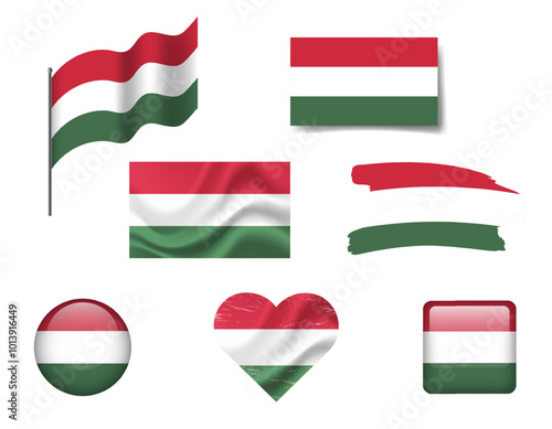 Free Download Hungary flag set of icons. Vector flag of Hungary, symbol. Set of hungarian flags brush, button, waved, heart. - GFXLoad
