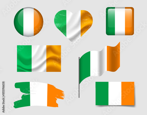 Ireland flag set of icons. Vector flag of Ireland symbol. Set of Irish flags button, brush, waved, heart.