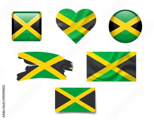 Jamaica flag set of icons. Vector flag of Jamaica, symbol. Set of Jamaica flags button, brush, waved, heart.