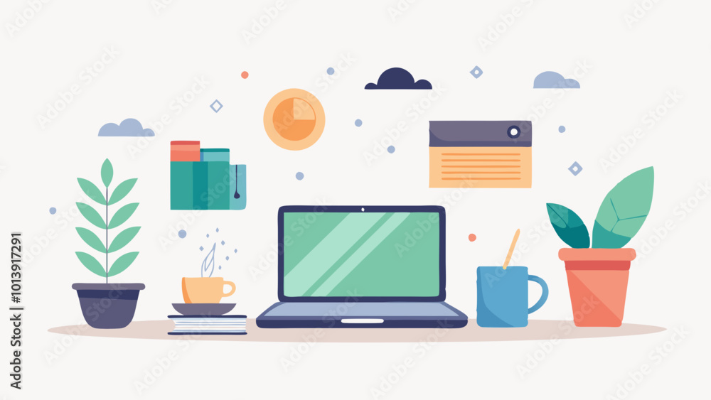 This picture showcases a creative corner with a laptop, plants, and various stationery items. This picture showcases a creative corner with a laptop, plants, and various stationery items.