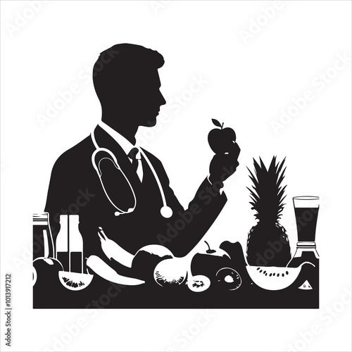 Dietitian with Fresh Fruits silhouette on white background
