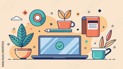 An illustration of a desk ready for a productive day with a cup of coffee, laptop, and notebook.