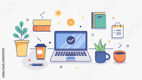 An illustration of a home study with a laptop, a cup of coffee, and stationery items.