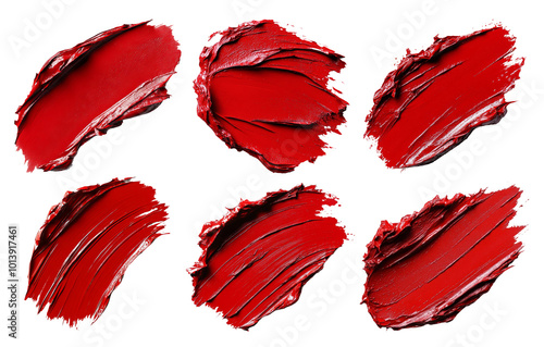 Set of red lipstick smears in different textures isolated on transparent background