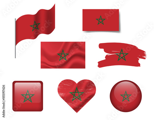 Morocco flag set of icons. Vector flag of Morocco, symbol. Set of Moroccan flags button, brush, waved, heart.