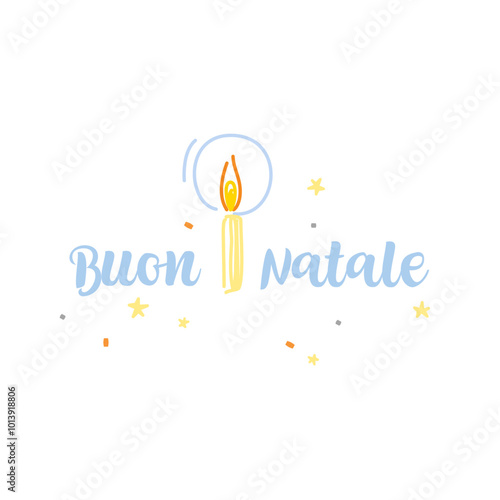 Scritta Buon Natale con candela luminosa al centro e stelle luccicanti, colori tenui e delicati per biglietti d'auguri e grafiche natalizie festose.