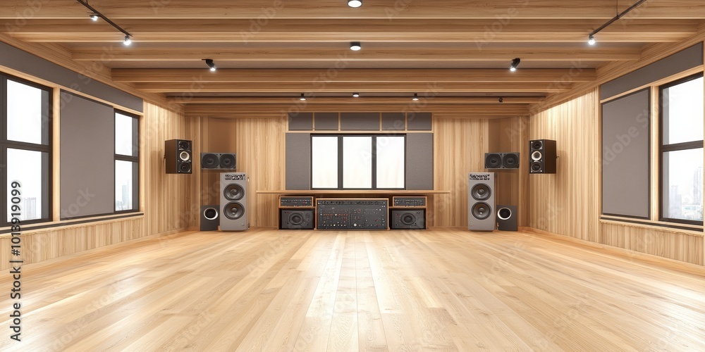 Acoustic Room Design: Create an image of a well-designed acoustic room or studio, showcasing soundproofing materials and speaker arrangements for optimal sound quality. Acoustic Room Design: Create an image of a well-designed acoustic room or studio, showcasing soundproofing materials and speaker arrangements for optimal sound quality.
