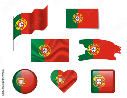 Portugal flag set of icons. Vector flag of Portugal, symbol. Set of Portugal flags brush, button, waved, heart.