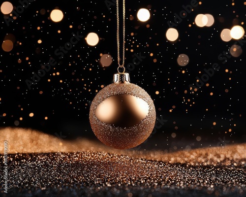 Elegant gold Christmas ornament floating on sparkling background, perfect for festive celebrations. photo