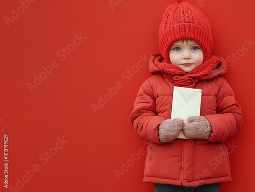 A child dressed warmly in a red coat and hat stands against a vivid red wall, holding a white envelope on a chilly day