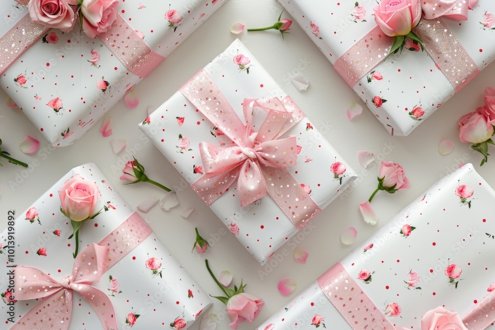 Elegant pink gift boxes with roses and ribbons on a pastel background. Elegant pink gift boxes with roses and ribbons on a pastel background.