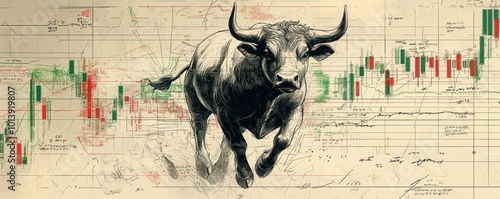 Illustration of a bull with upswept hairstyle in front of stock market charts symbolizing finance and strength photo